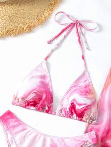 3 Packs Marble Print Triangle Bikini Set & Cover Up, For Summer Beach Vacation - Multicolor - View 5