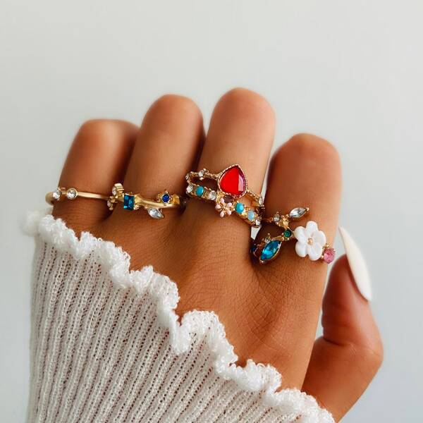 

4pcs Rhinestone Decor Ring, Gold