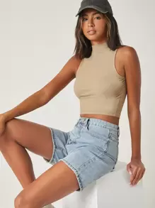 SHEIN BASICS Mock Neck Solid Tank Crop Top - Apricot - View 1