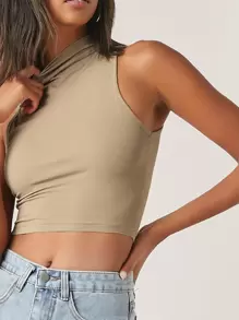 SHEIN BASICS Mock Neck Solid Tank Crop Top - Apricot - View 4