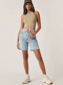 SHEIN BASICS Mock Neck Solid Tank Crop Top - Apricot - View 5