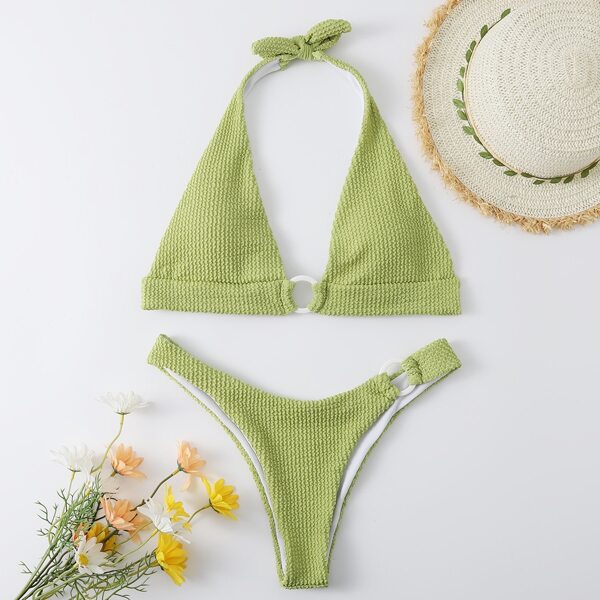 

Textured Ring Linked Halter Bikini Swimsuit, Olive green