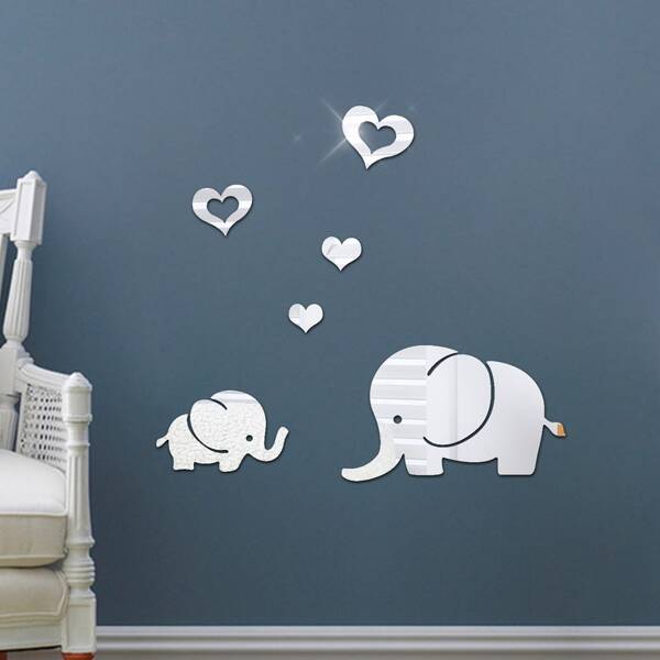 

1set Elephant Design Mirror Surface Wall Sticker, Silver