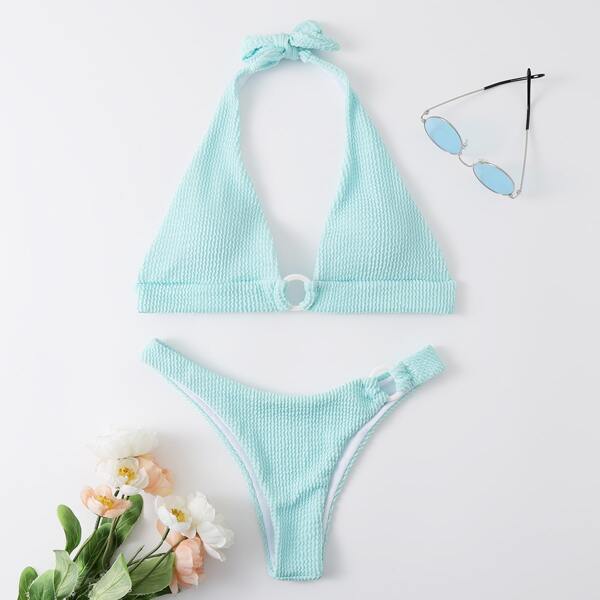 

Textured Ring Linked Halter Bikini Swimsuit, Baby blue