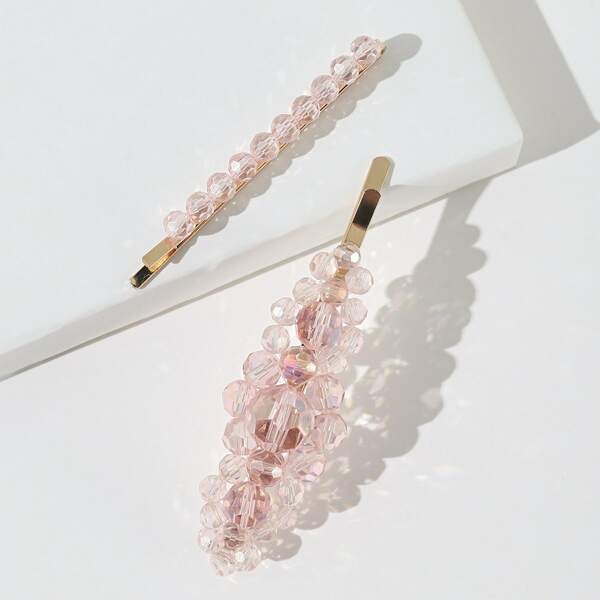 

2pcs Bead Decor Hair Clip, Pink