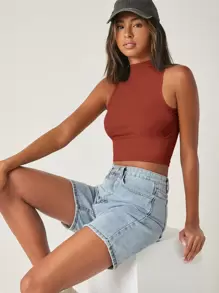 SHEIN BASICS Mock Neck Solid Tank Crop Top - Rust Brown - View 3