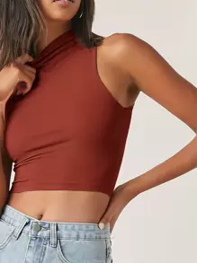 SHEIN BASICS Mock Neck Solid Tank Crop Top - Rust Brown - View 4