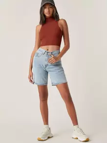 SHEIN BASICS Mock Neck Solid Tank Crop Top - Rust Brown - View 5