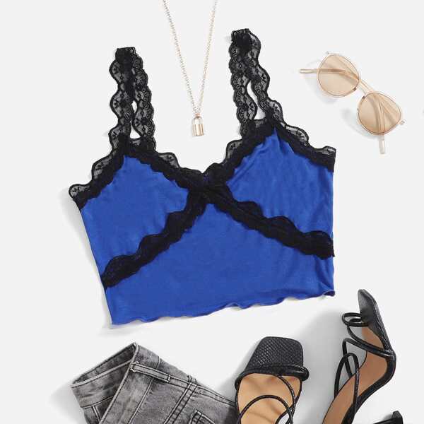 

Colorblock Lace Trim Cami Top, Royal blue