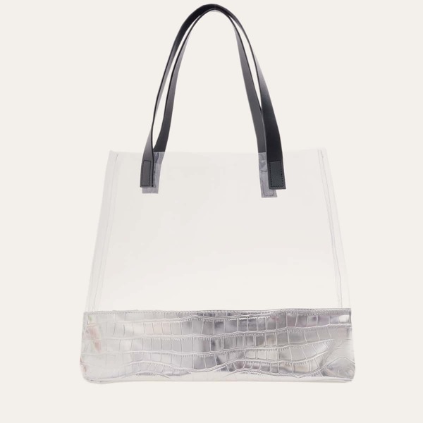 

Clear Croc Embossed Shoulder Tote Bag, Silver