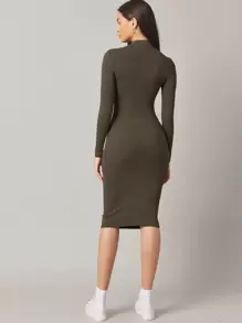 SHEIN BASICS Đầm Gân đan màu trơn Thanh lịch - Cà phê nâu - Xem 3