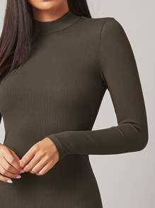 SHEIN BASICS Đầm Gân đan màu trơn Thanh lịch - Cà phê nâu - Xem 4