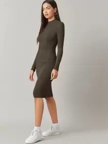 SHEIN BASICS Đầm Gân đan màu trơn Thanh lịch - Cà phê nâu - Xem 5