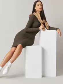 SHEIN BASICS Đầm Gân đan màu trơn Thanh lịch - Cà phê nâu - Xem 6