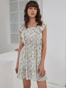 花卉綁結露背荷葉邊荷葉邊下擺連衣裙