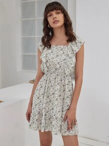 花卉綁結露背荷葉邊荷葉邊下擺連衣裙