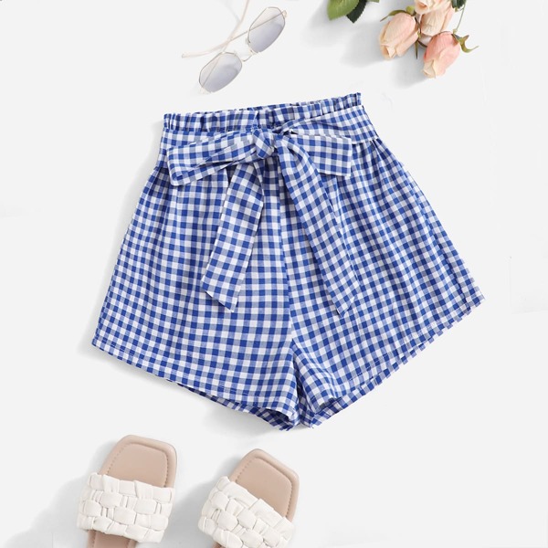 

Gingham Paperbag Belted Shorts, Blue and white