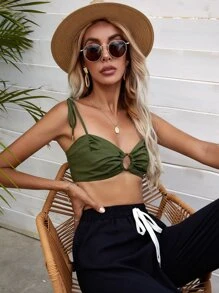 SHEIN VCAY 金屬圓環褶邊後綁帶吊帶上衣 - 軍綠色 - 查看 1