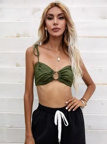 SHEIN VCAY 金屬圓環褶邊後綁帶吊帶上衣 - 軍綠色 - 查看 3