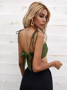 SHEIN VCAY 金屬圓環褶邊後綁帶吊帶上衣 - 軍綠色 - 查看 4