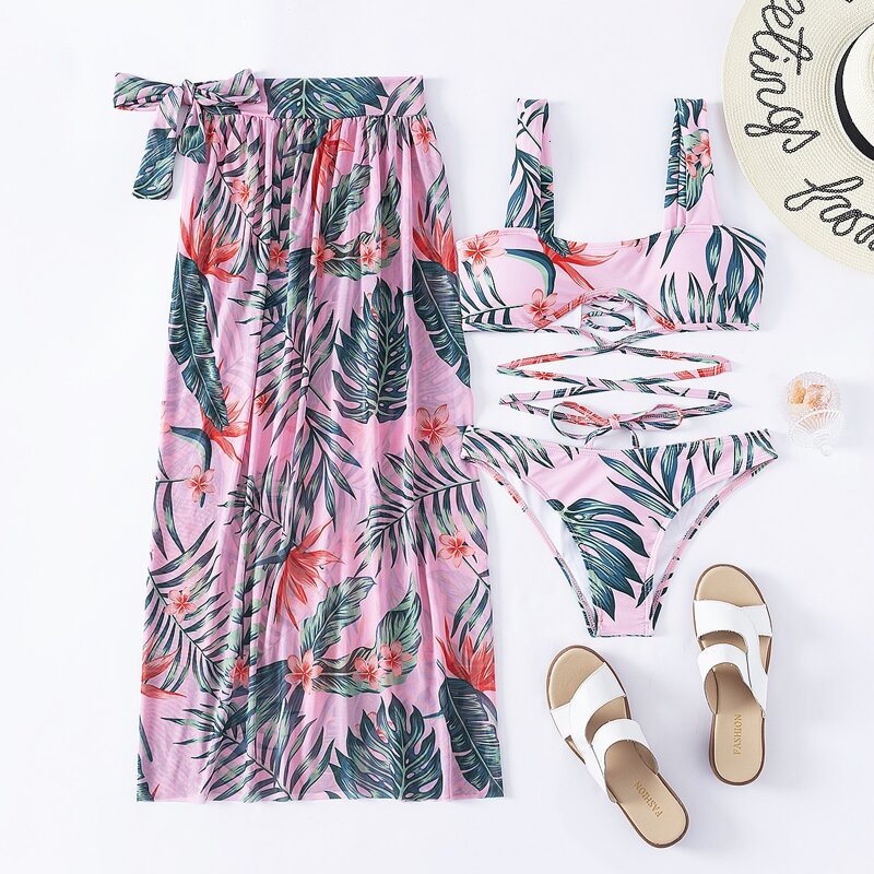 

3pack Tropical Random Print Bikini Swimsuit & Cover Up, Pink