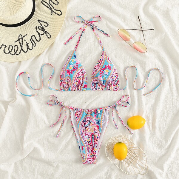 

Paisley Print Halter Bikini Swimsuit, Multicolor