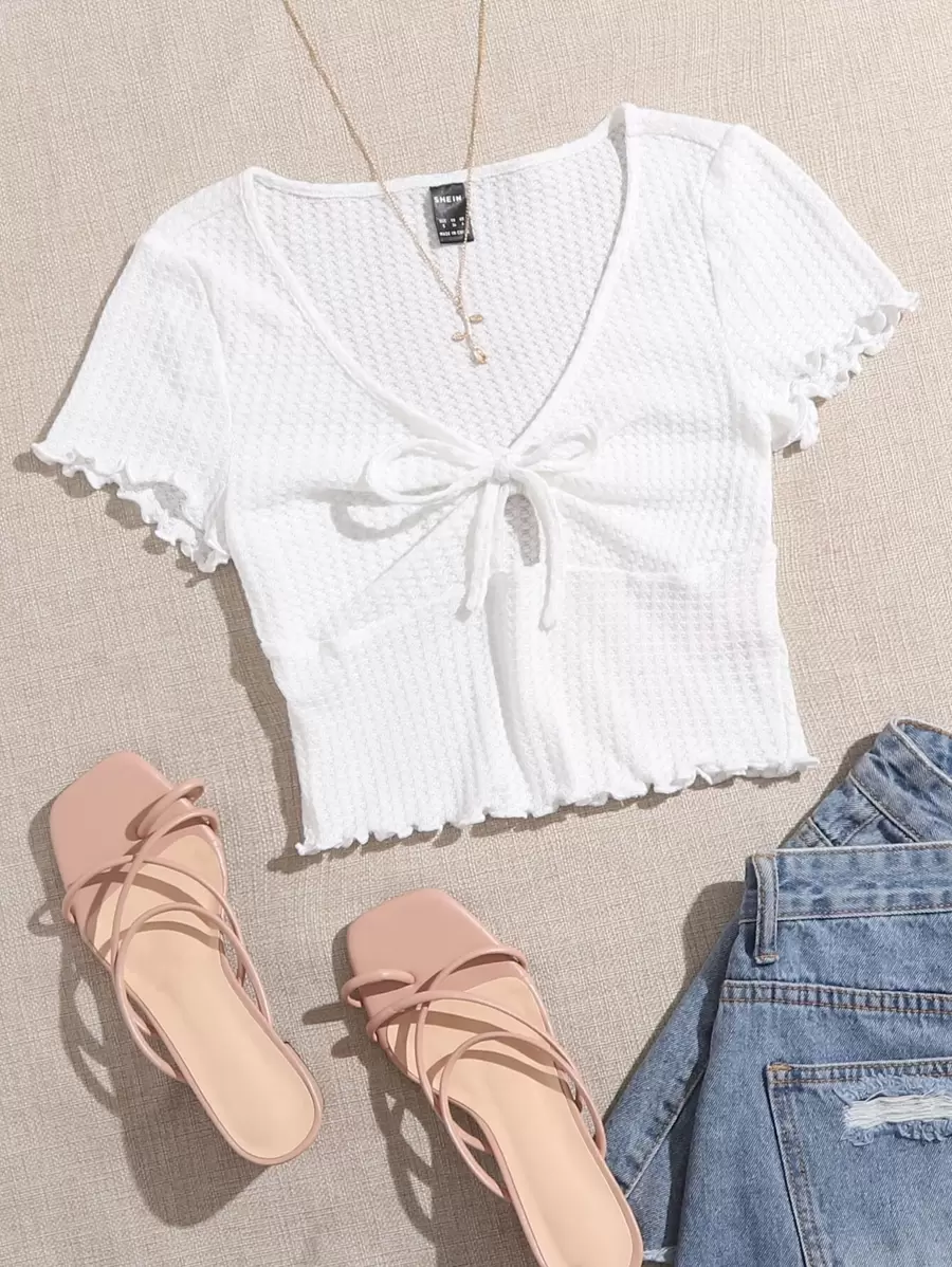 SHEIN EZwear Lettuce Trim Knot Front Waffle Knit Tee - White - View 1