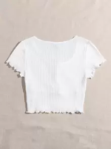 SHEIN EZwear Lettuce Trim Knot Front Waffle Knit Tee - White - View 2