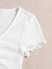 SHEIN EZwear Lettuce Trim Knot Front Waffle Knit Tee - White - View 4
