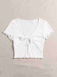 SHEIN EZwear Lettuce Trim Knot Front Waffle Knit Tee - White - View 5