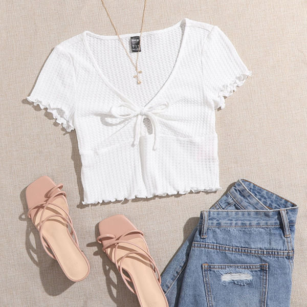 

Lettuce Trim Knot Front Waffle Knit Tee, White