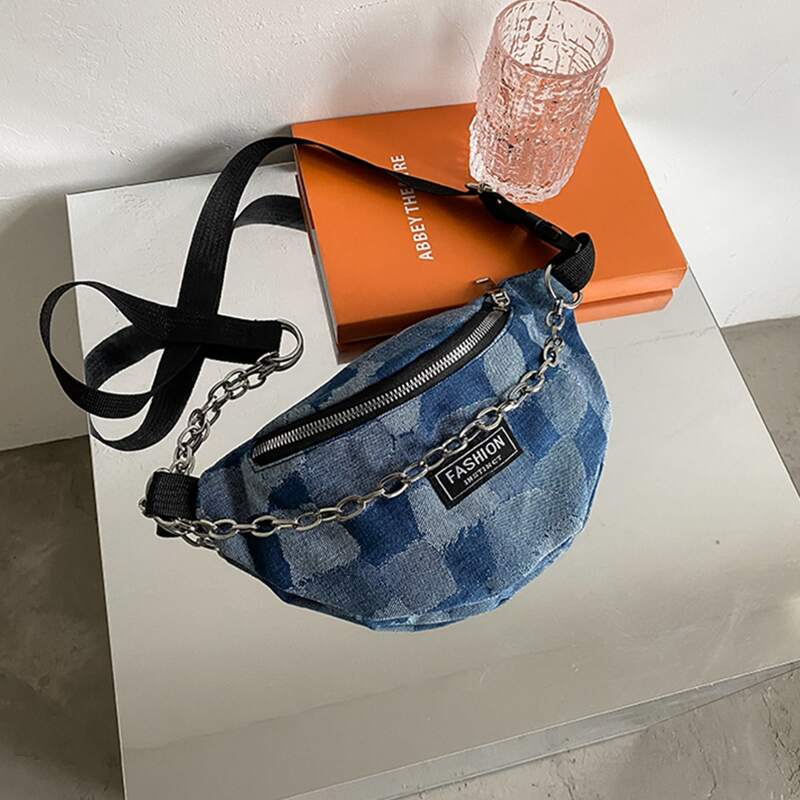 

Chain Decor Patchwork Fanny Pack, Blue