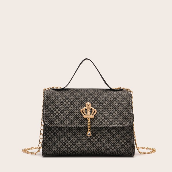 

Metal Decor Chain Satchel Bag, Black