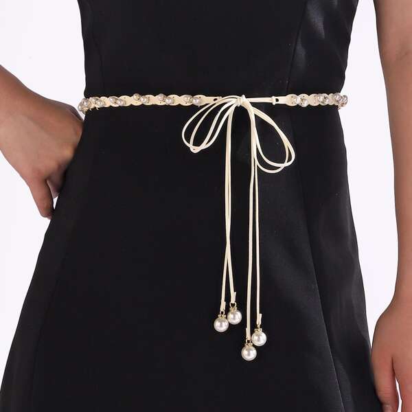 

Faux Pearl Decor Belt, Beige