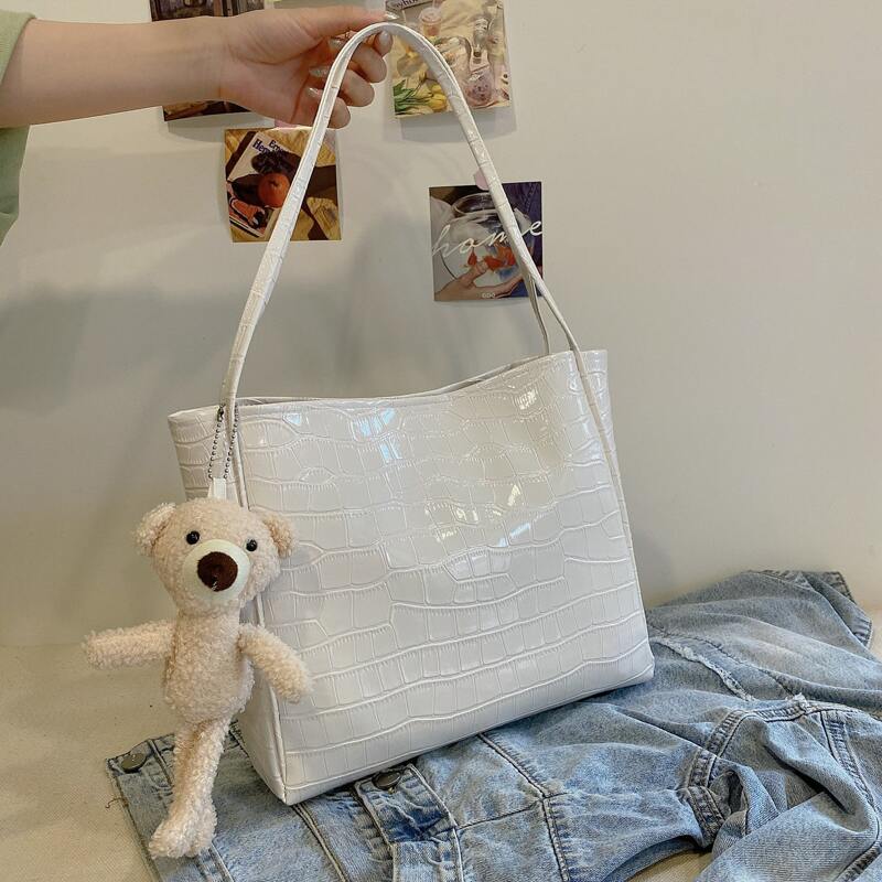 Croc Embossed Tote Bag With Bag Charm, White