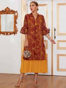 Al Najma Fringe Split Side Pleated Hem Dress - Multicolor - View 1