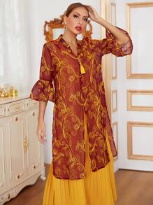 Al Najma Fringe Split Side Pleated Hem Dress - Multicolor - View 4