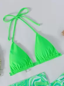 SHEIN X Hangout Fest SHEIN Swim 夏季海滩吊带三角荧光上衣和系带侧比基尼泳裤和大理石印花网眼罩裙比基尼套装 3 件套比基尼泳装 - 青檸色 - 查看 3