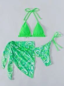 SHEIN X Hangout Fest SHEIN Swim 夏季海滩吊带三角荧光上衣和系带侧比基尼泳裤和大理石印花网眼罩裙比基尼套装 3 件套比基尼泳装 - 青檸色 - 查看 4