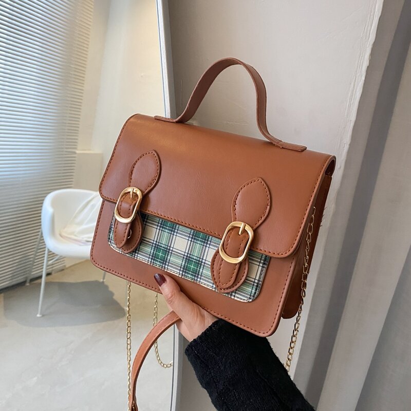 

Plaid Top Handle Satchel Bag, Brown