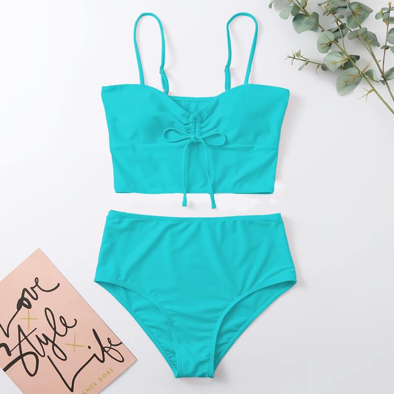 

Drawstring Front High Waisted Bikini Swimsuit, Mint blue