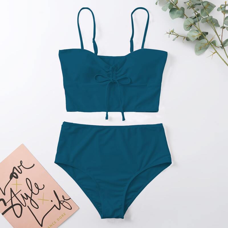

Drawstring Front High Waisted Bikini Swimsuit, Dark green