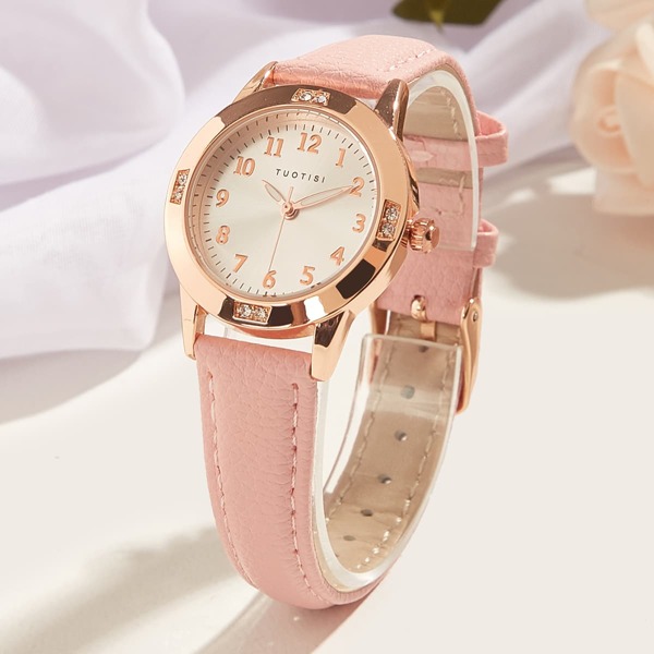 

Rhinestone Decor Round Pointer Quartz Watch