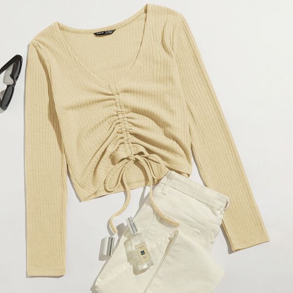 

Drawstring Front Rib-knit Tee, Apricot