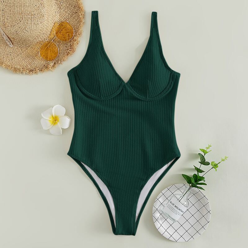 

Rib Underwire One Piece Swimsuit, Dark green