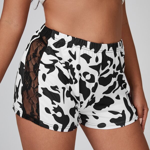 

Plus Lace Panel Side Biker Shorts, Black and white