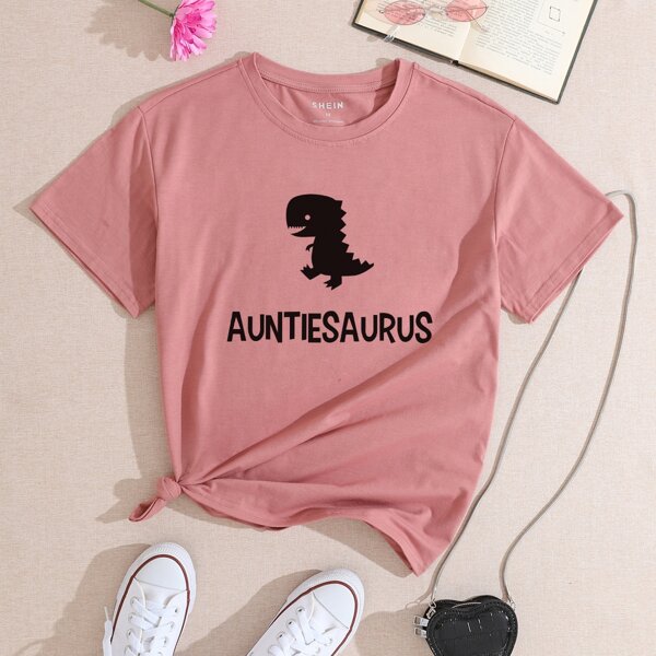 

Cartoon & Letter Graphic Tee, Dusty pink