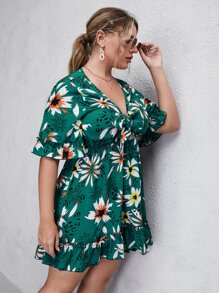 SHEIN LUNE 大碼花卉繫帶荷葉邊袖荷葉邊下擺洋裝 - 綠色 - 查看 4
