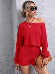 SHEIN Essnce Conjunto top corto tejido de canalé de hombros caídos con shorts de cintura ancha - Rojo - Ver 1