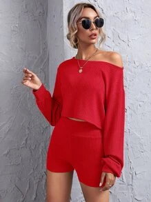 SHEIN Essnce Conjunto top corto tejido de canalé de hombros caídos con shorts de cintura ancha - Rojo - Ver 5